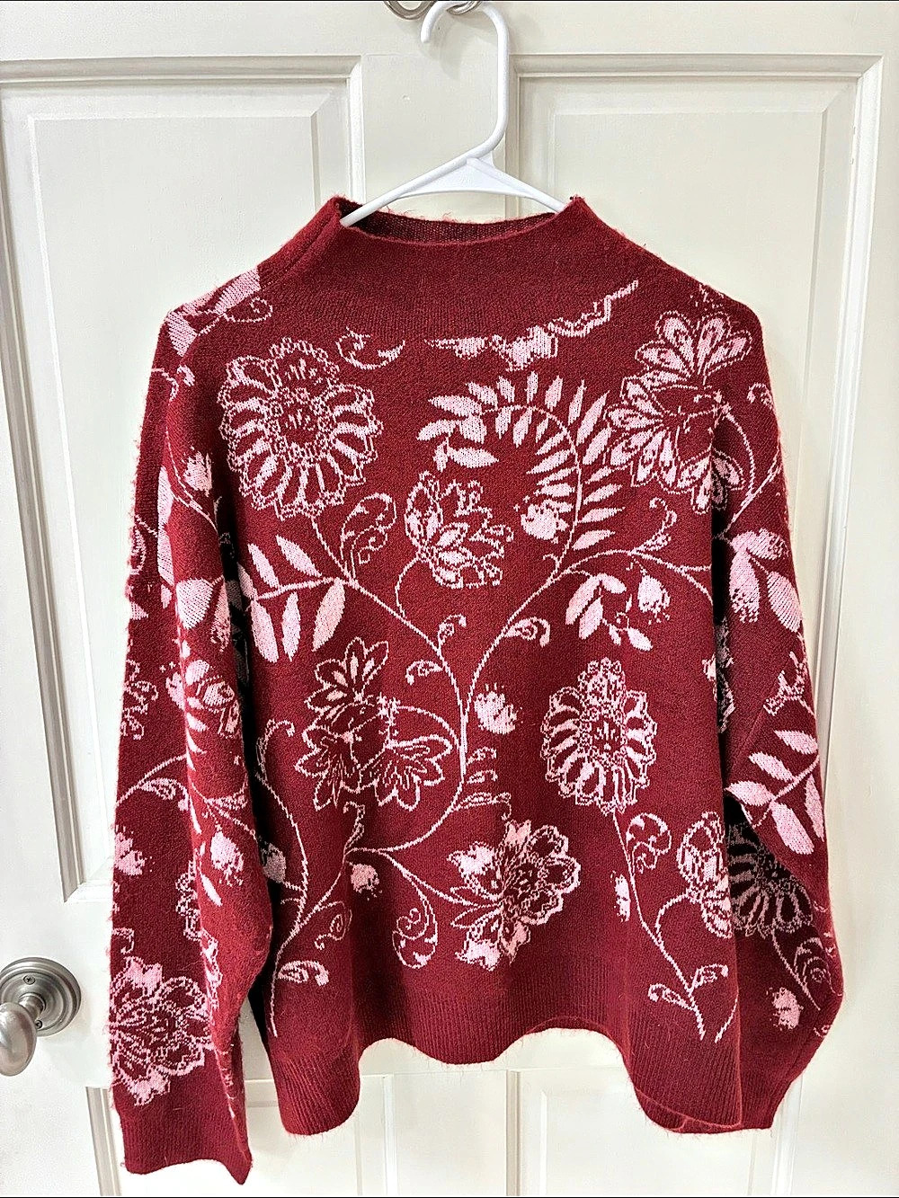 Kate & Sam Floral Intarsia Mock Neck Sweater Red & Pink Large